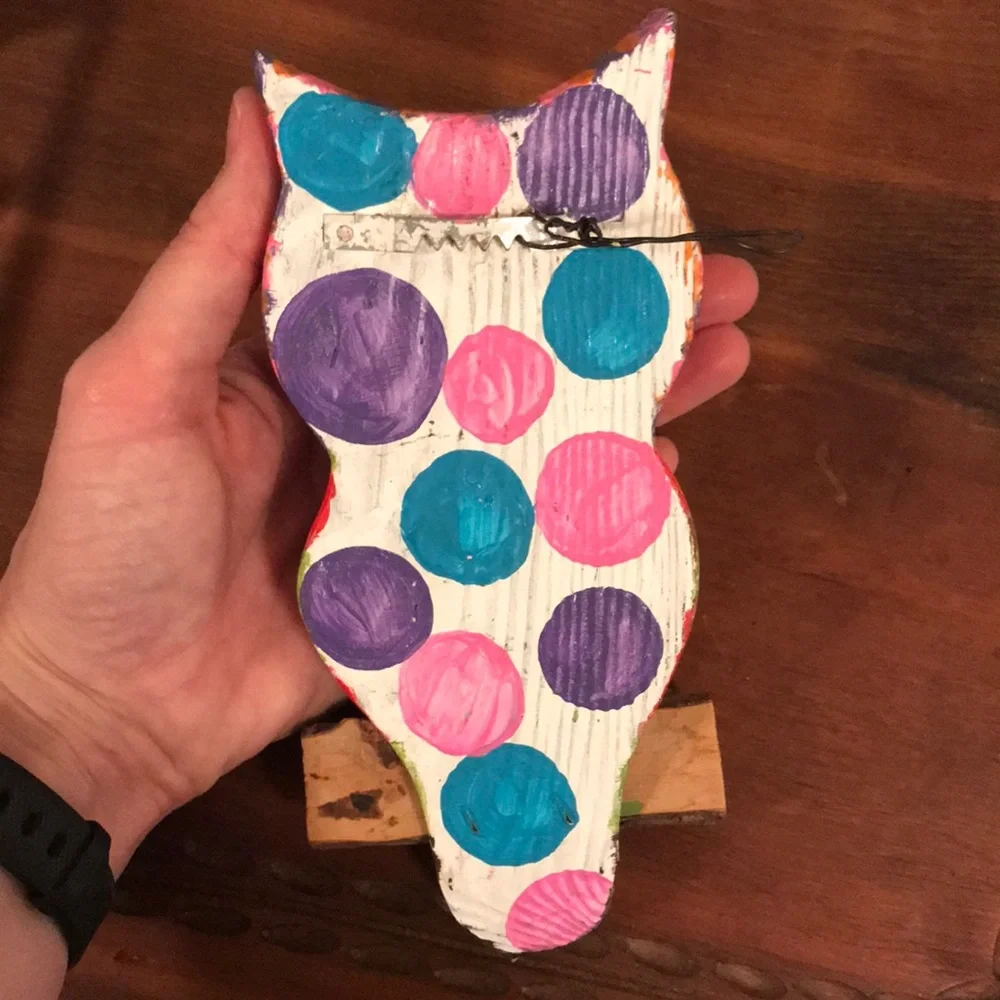 Anthropologie Green & Pink Painted Owl Wall Decor